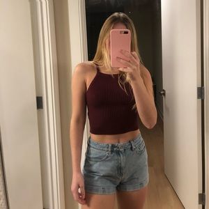 Burgundy high neckline crop top